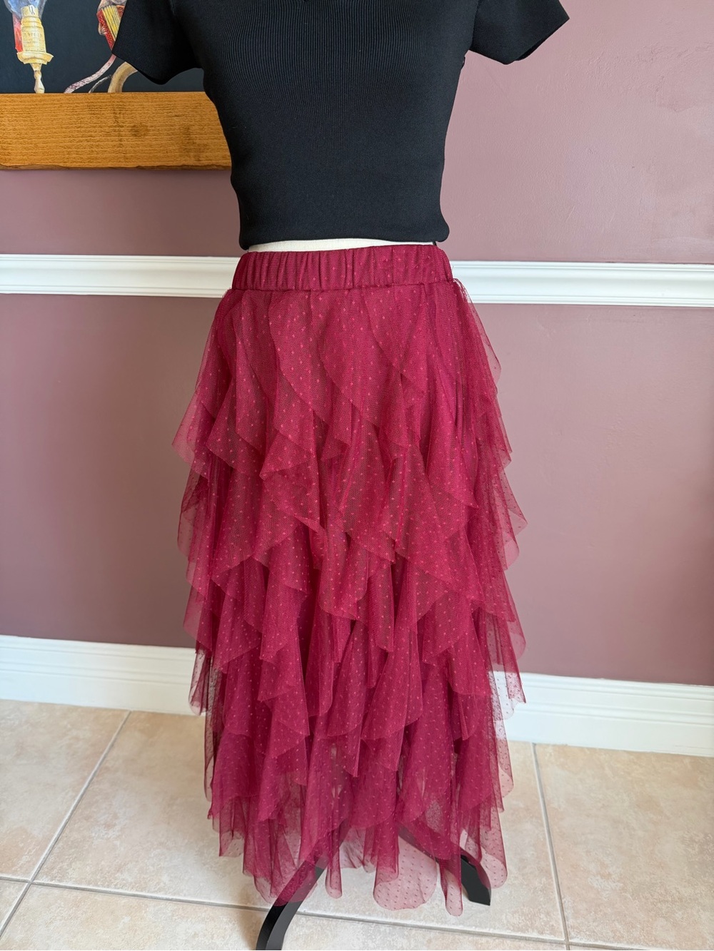 Altar'd State Burgundy Layered Tulle Maxi Skirt size small